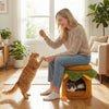Plush hamburger cat nest in yellow, featuring a thick removable cushion and a playful chicken drumstick toy for indoor.