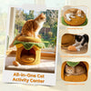 Hamburger-shaped cat nest with removable cushion, plush chicken drumstick toy, and elevated perch for indoor cats.
