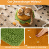 Hamburger-shaped cat nest in yellow with removable cushion and plush chicken drumstick toy for indoor cats.