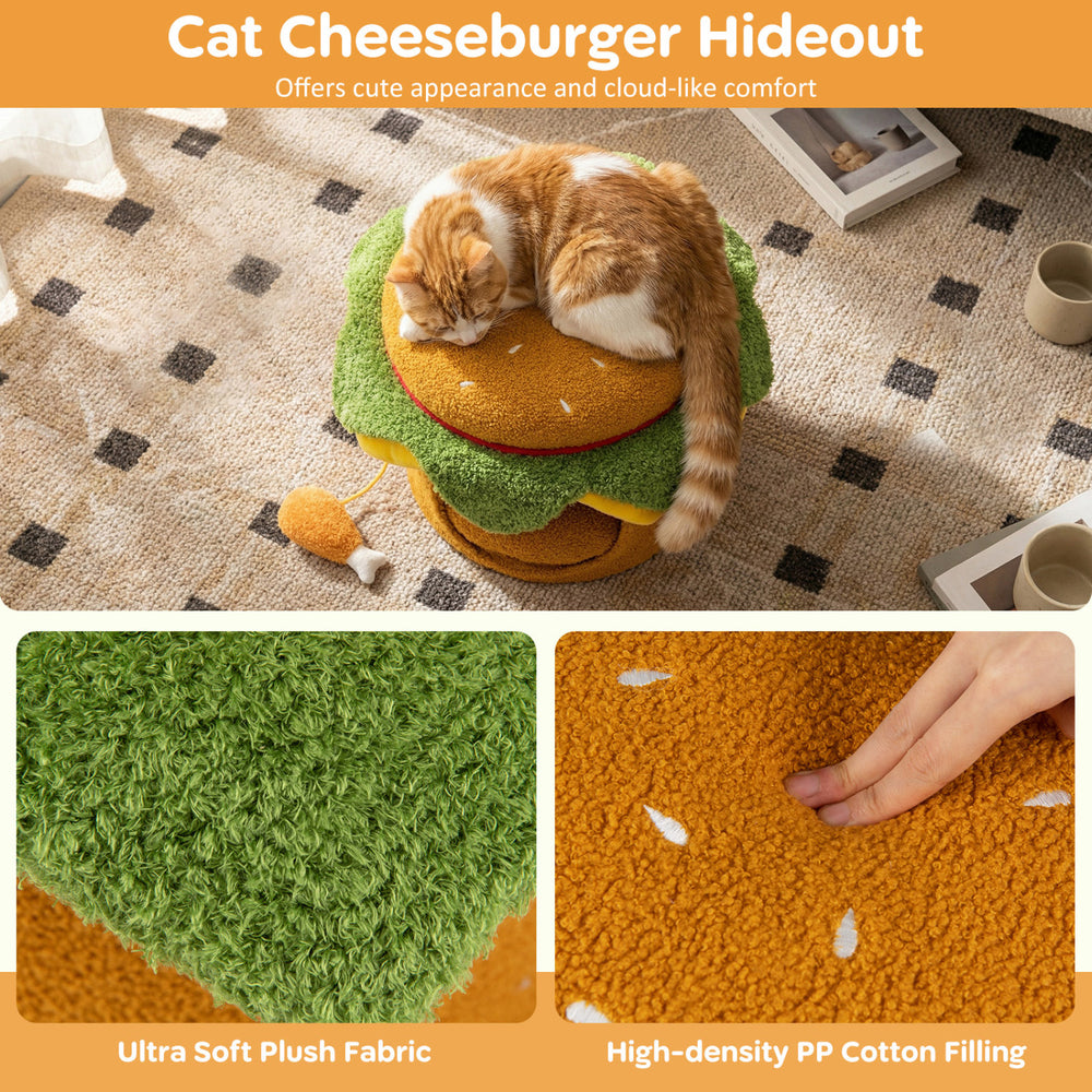 Hamburger-shaped cat nest in yellow with removable cushion and plush chicken drumstick toy for indoor cats.