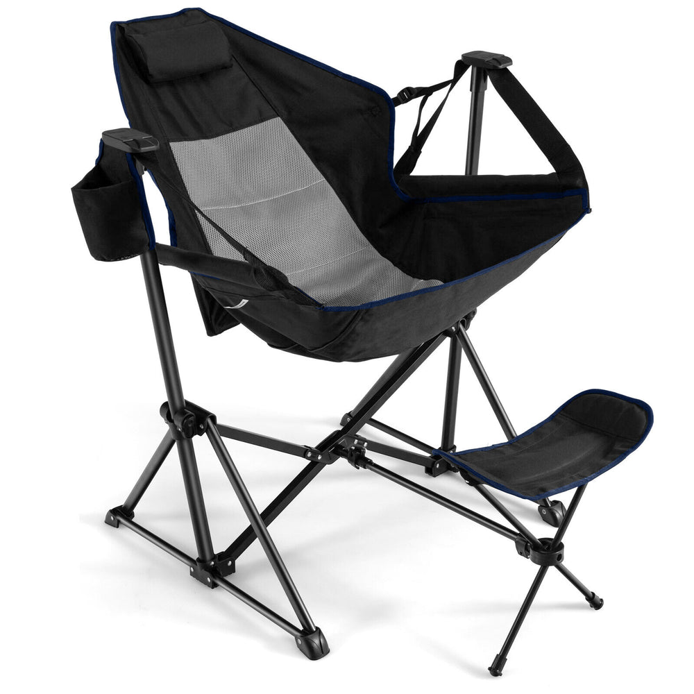 Hammock camping chair in black with retractable footrest, mesh design for comfort, and convenient cupholder.