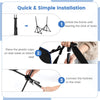 Hammock camping chair with retractable footrest, featuring a mesh design for comfort and easy assembly instructions.