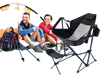 Hammock camping chair in black with retractable footrest, mesh design, and cupholder, perfect for outdoor relaxation.
