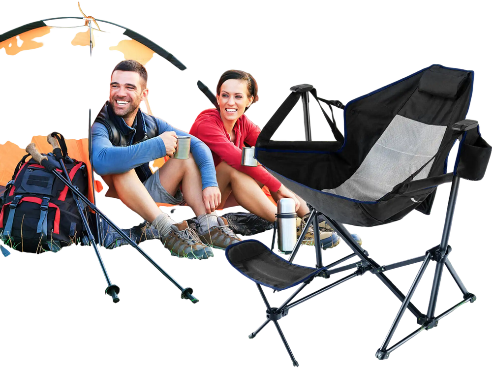 Hammock camping chair in black with retractable footrest, mesh design, and cupholder, perfect for outdoor relaxation.