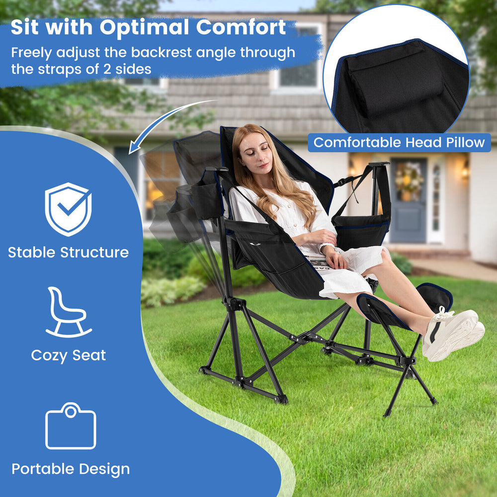Hammock camping chair in black with adjustable backrest, retractable footrest, and head pillow for ultimate comfort.