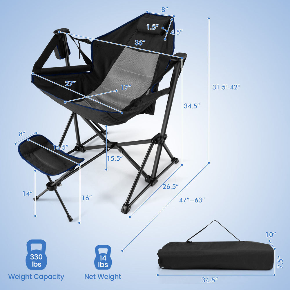 Hammock camping chair with retractable footrest, black, featuring a mesh design and cupholder for outdoor comfort.
