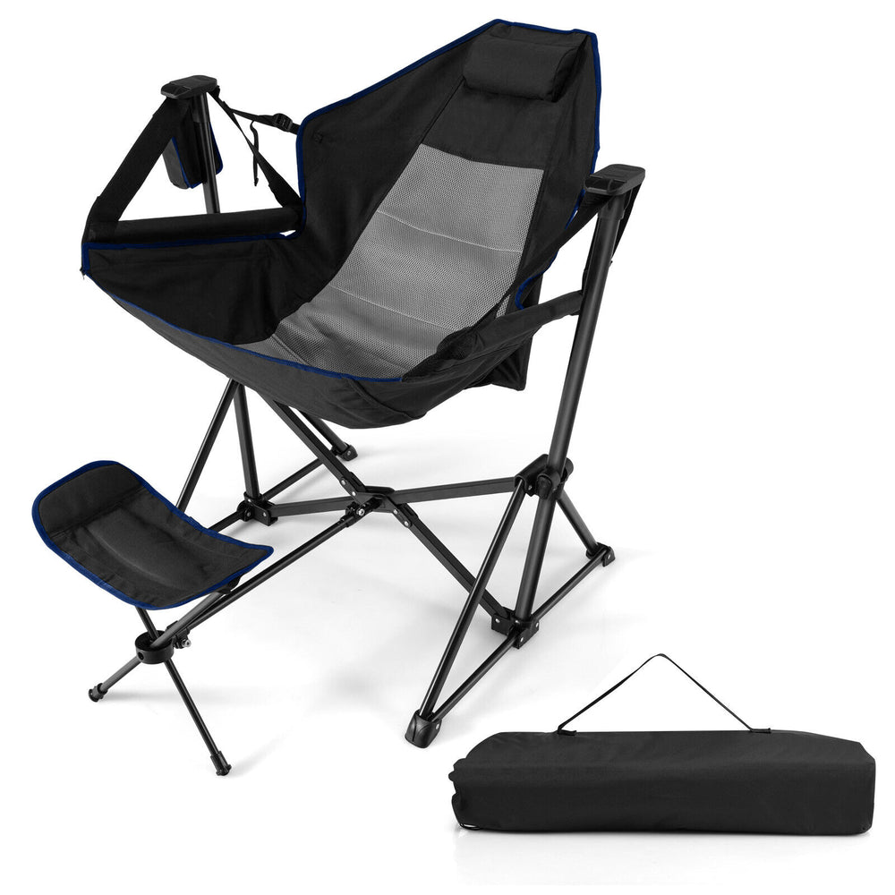Hammock camping chair in black with retractable footrest, cupholder, and carrying bag for easy transport and comfort.