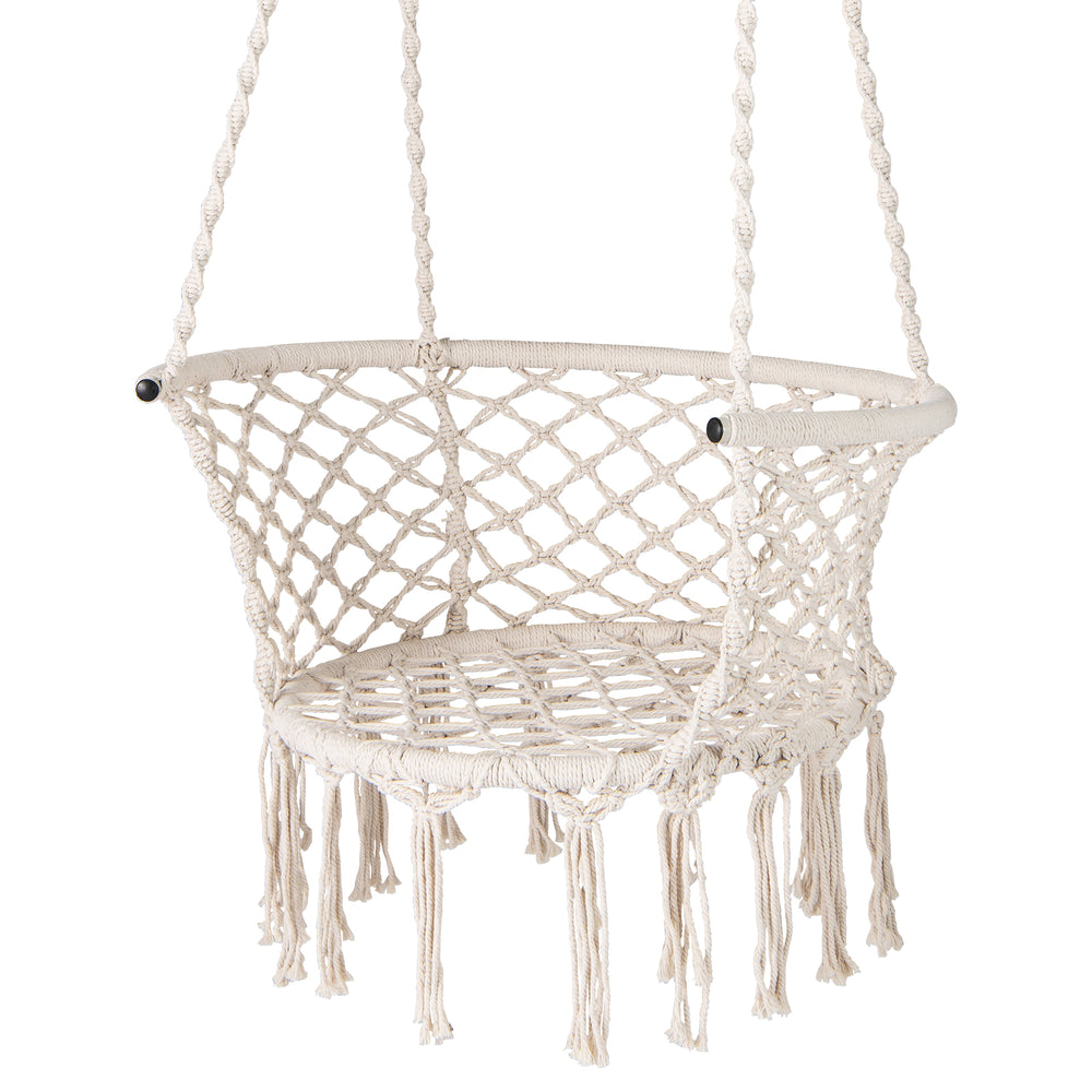 Macrame swing chair in beige with elegant fringe, made of cotton rope and metal rings, perfect for indoor or outdoor.