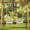 Macrame swing hanging chair in beige with sturdy frame and elegant fringe, perfect for outdoor relaxation.