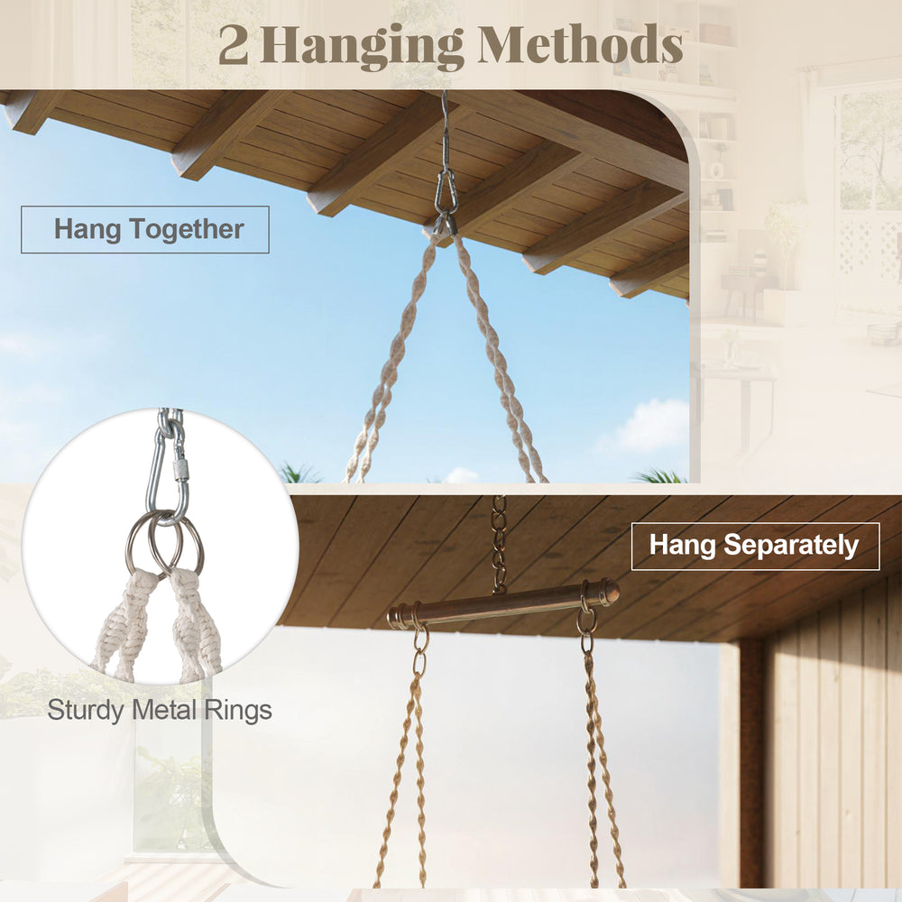 Macrame swing chair showing 1-point and 2-point hanging methods with sturdy metal rings for versatile use.
