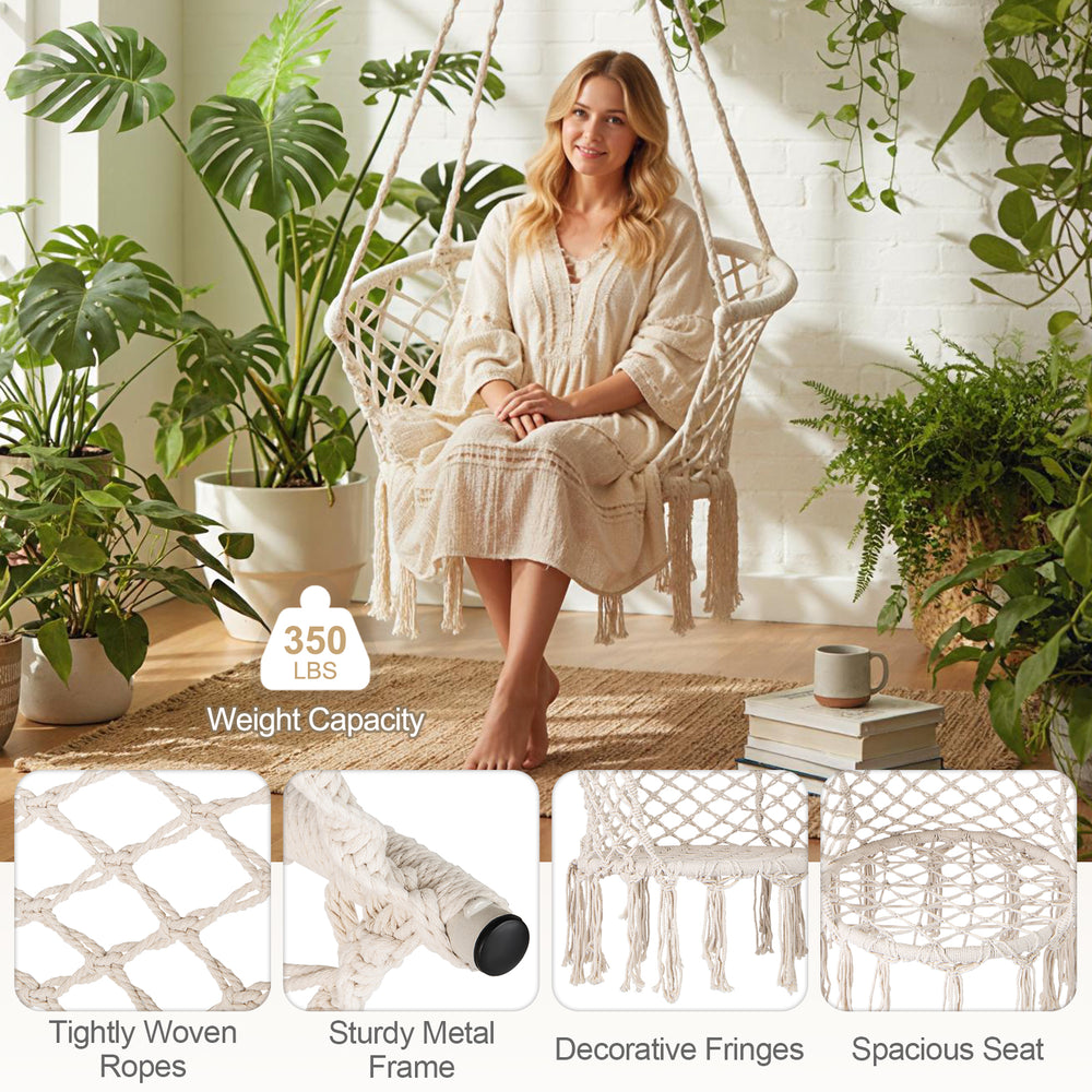 Macrame swing chair in beige with decorative fringes, sturdy metal frame, and comfortable woven seat for indoor.