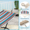 Multicolor hammock with stand featuring hand-woven ropes and wood spreader bar, perfect for garden or patio relaxation.