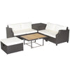 7-piece hand-woven wicker outdoor furniture set with white cushions and acacia wood coffee table for stylish patio.