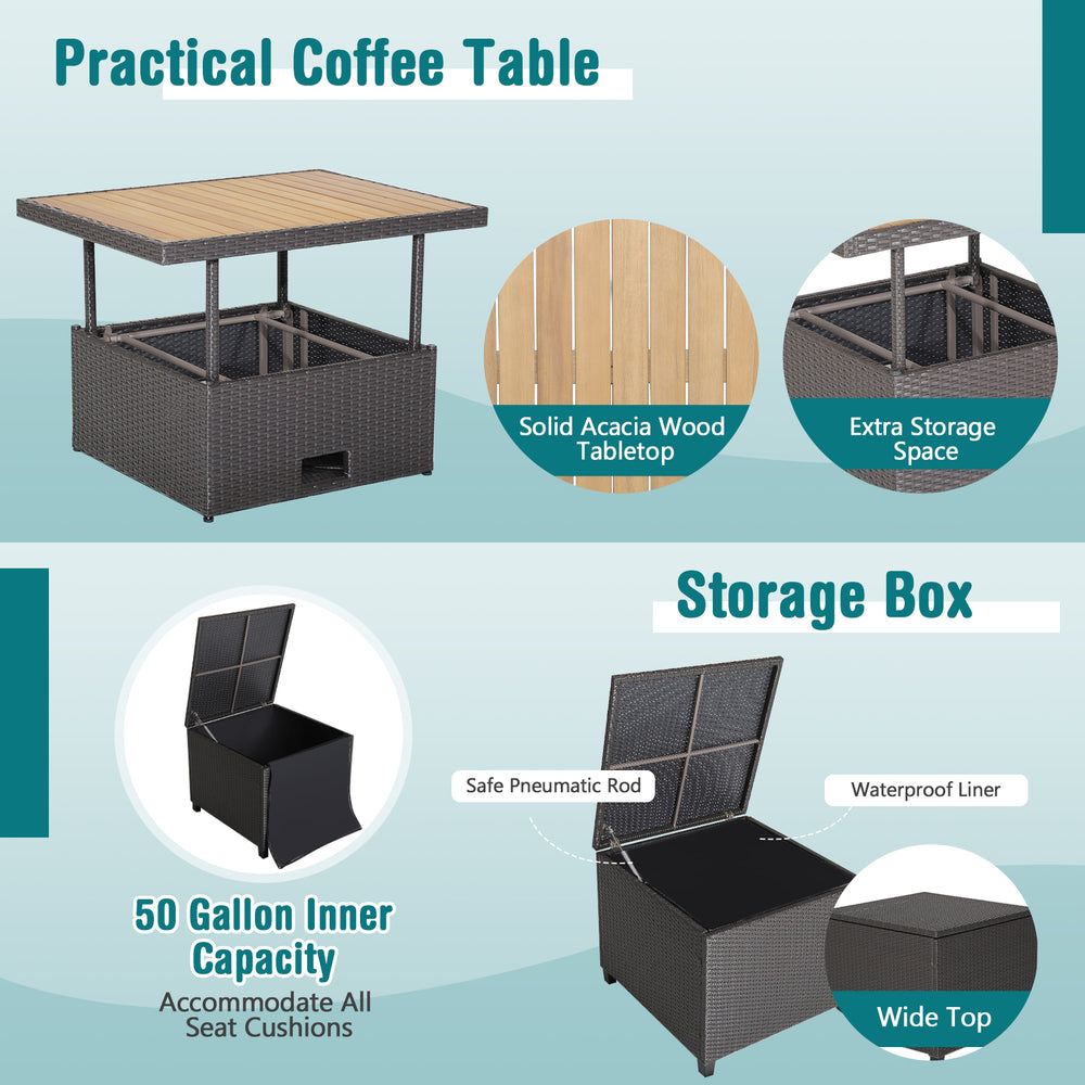 Acacia wood coffee table with extra storage space and 50-gallon capacity, ideal for outdoor furniture sets.
