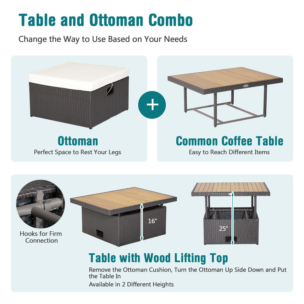 Height-adjustable coffee table with ottoman, crafted from hand-woven PE wicker and acacia wood, ideal for outdoor use.