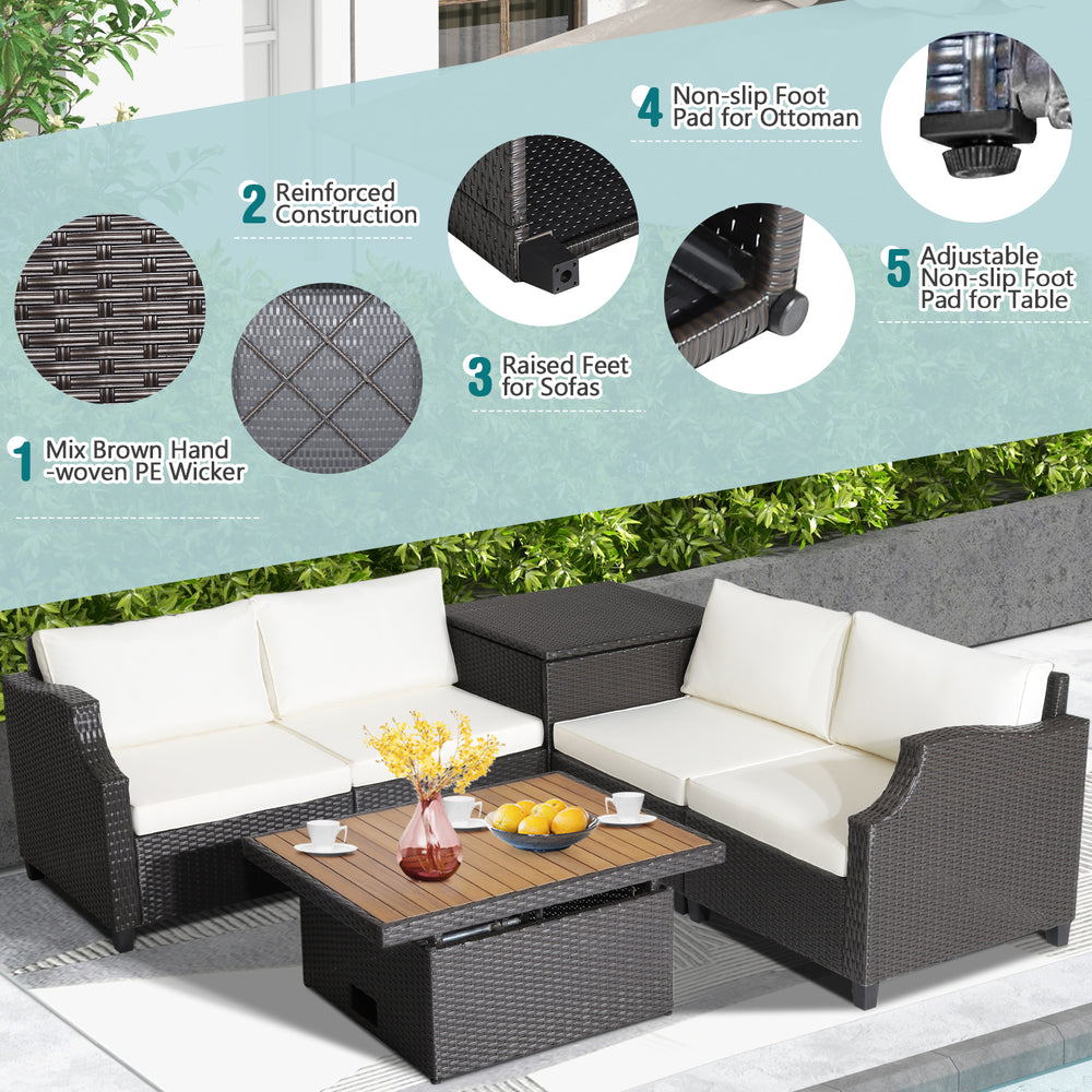 7-piece hand-woven wicker outdoor furniture set with white cushions and acacia wood coffee table for stylish relaxation.