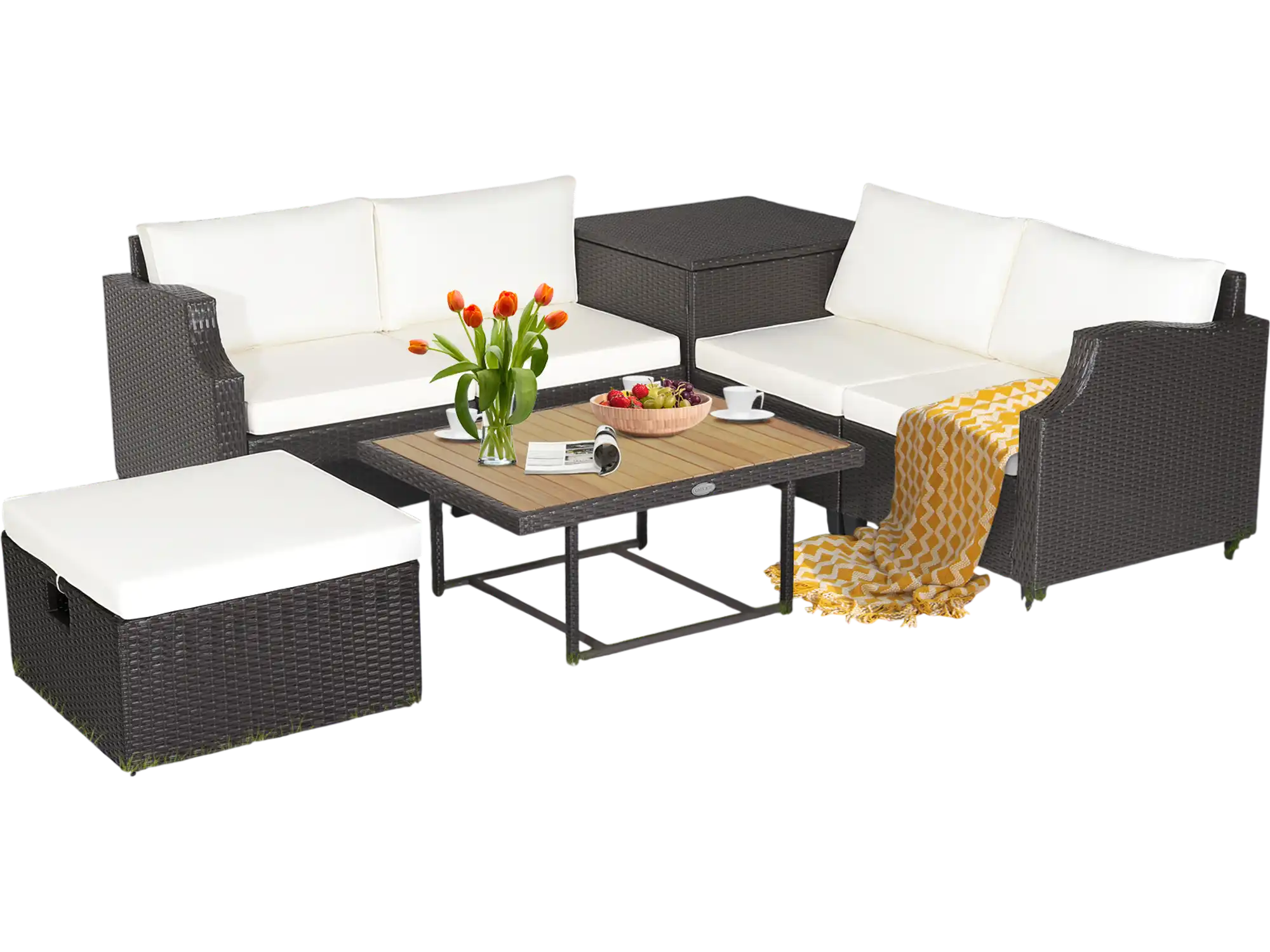 Costway 7-Pc Hand-Woven Wicker Outdoor Patio Sofa Furniture Set w/ Acacia Wood Coffee Table White 48921537 New