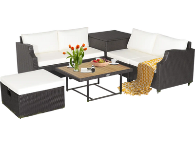 Costway 7-Pc Hand-Woven Wicker Outdoor Patio Sofa Furniture Set w/ Acacia Wood Coffee Table White 48921537 New