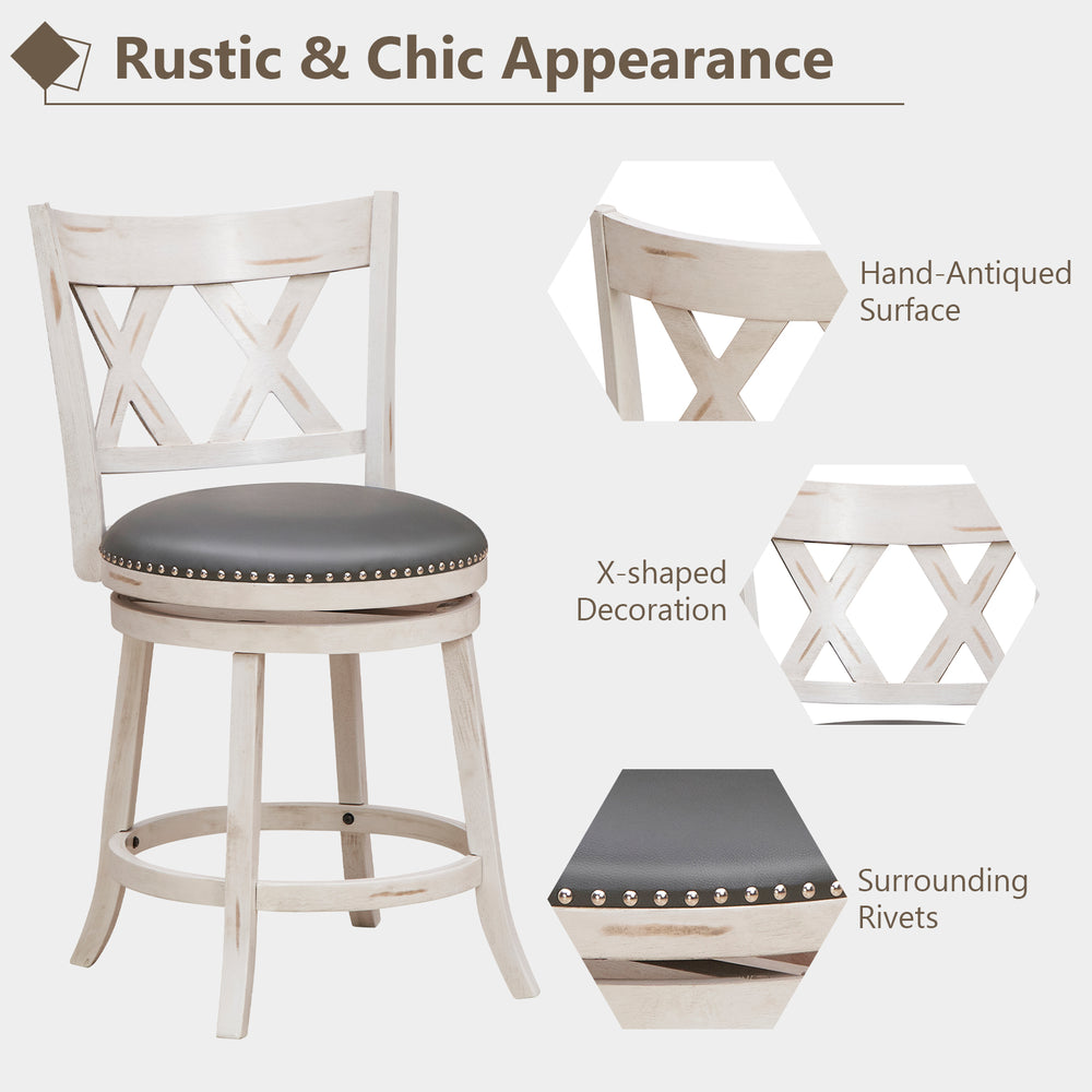 25.5-inch hand-antiqued stool set of 2 with wider padded seat, X-shaped back, and decorative rivets for rustic charm.