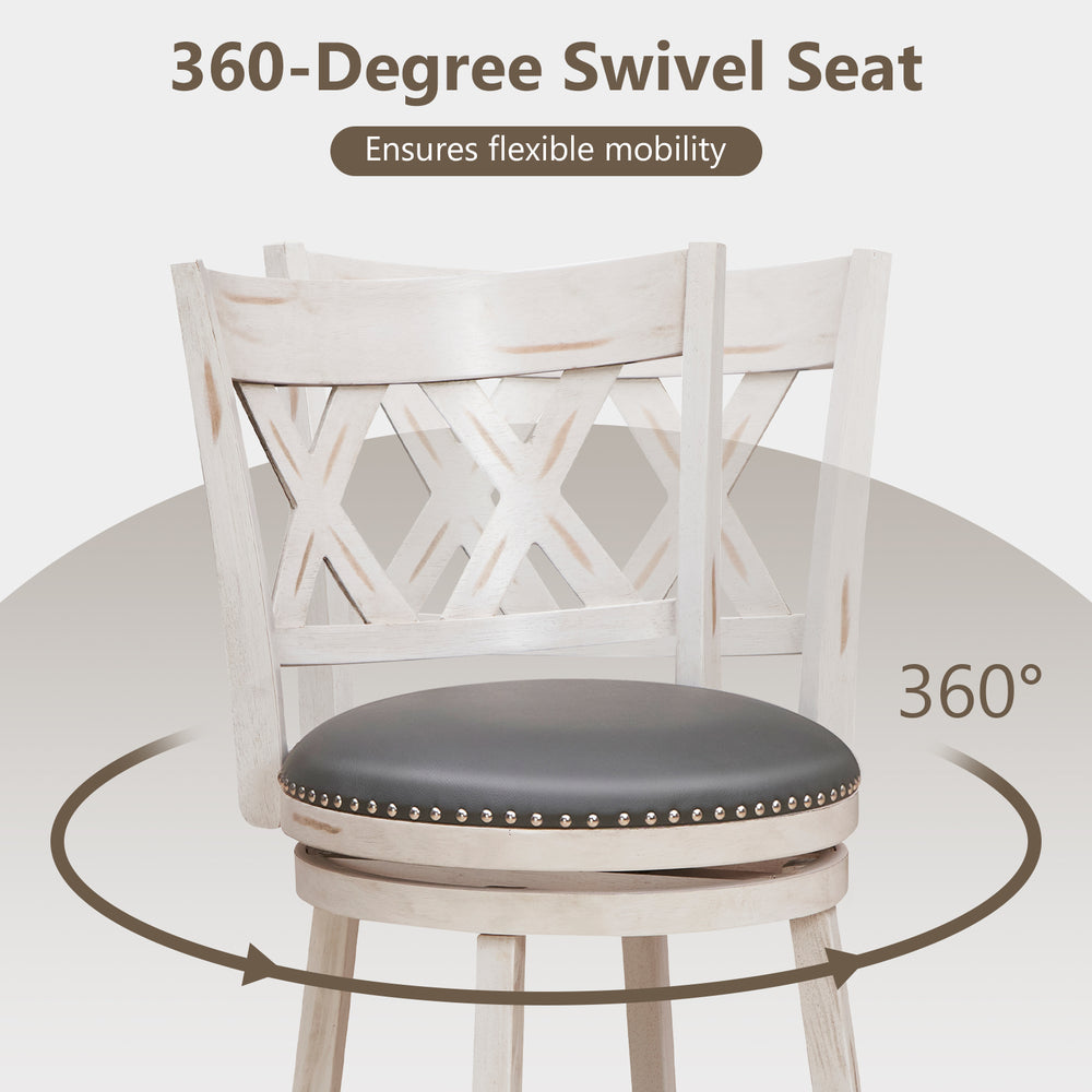 Hand-antiqued bar stool with 360-degree swivel seat and wider padded cushion for comfort in kitchen or cafe settings.