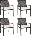 Set of 4 hand-woven PE patio dining chairs with acacia wood armrests and beige cushions for stylish outdoor seating.