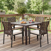 Close-up of the stylish diamond pattern on the ergonomic curved backrest of a hand-woven PE patio dining chair.