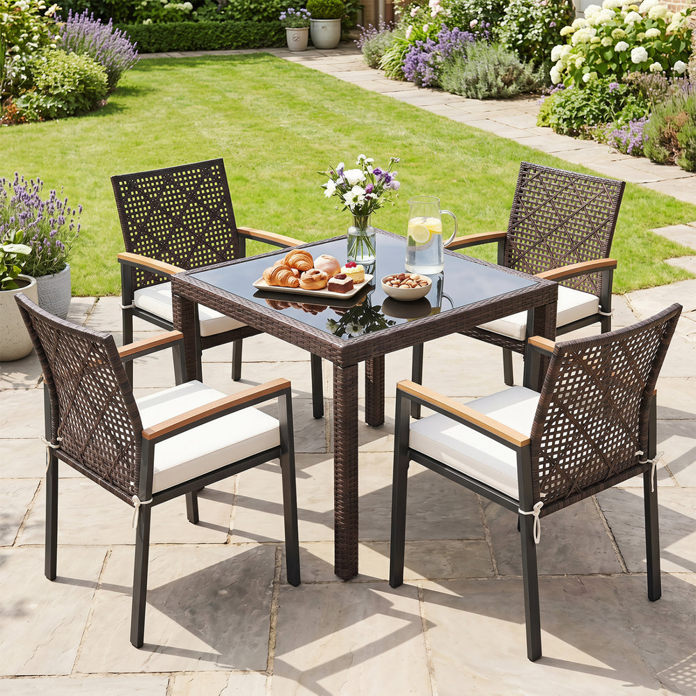 Hand-woven PE patio dining chairs set of 4 with acacia wood armrests, perfect for outdoor dining in the yard.