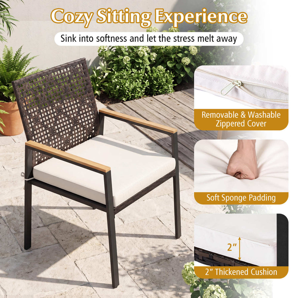 Hand-woven PE patio dining chair with acacia wood armrests and a 2" thick cushion for comfortable outdoor seating.