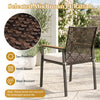 Hand-woven mix brown PE rattan patio dining chair set with acacia wood armrests, ideal for outdoor dining spaces.