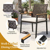 Hand-woven PE patio dining chair with acacia wood armrests and ergonomic backrest, perfect for outdoor dining.