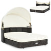 Cozy handwoven rattan pet daybed featuring a plush cushion and adjustable canopy, designed for small and medium dogs.