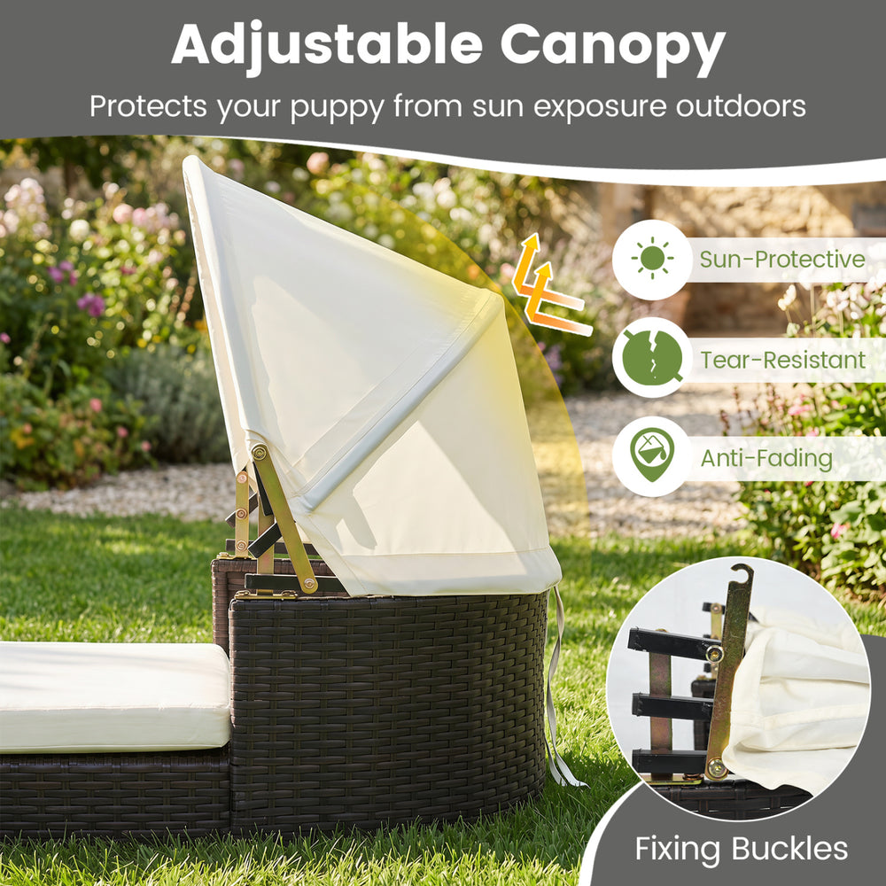 Handwoven rattan pet daybed with adjustable canopy and two detachable cushions for small and medium dogs, ideal for outdoor use.