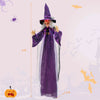 Life-size hanging animated witch decoration with glowing red eyes and posable arms for indoor or outdoor Halloween fun.