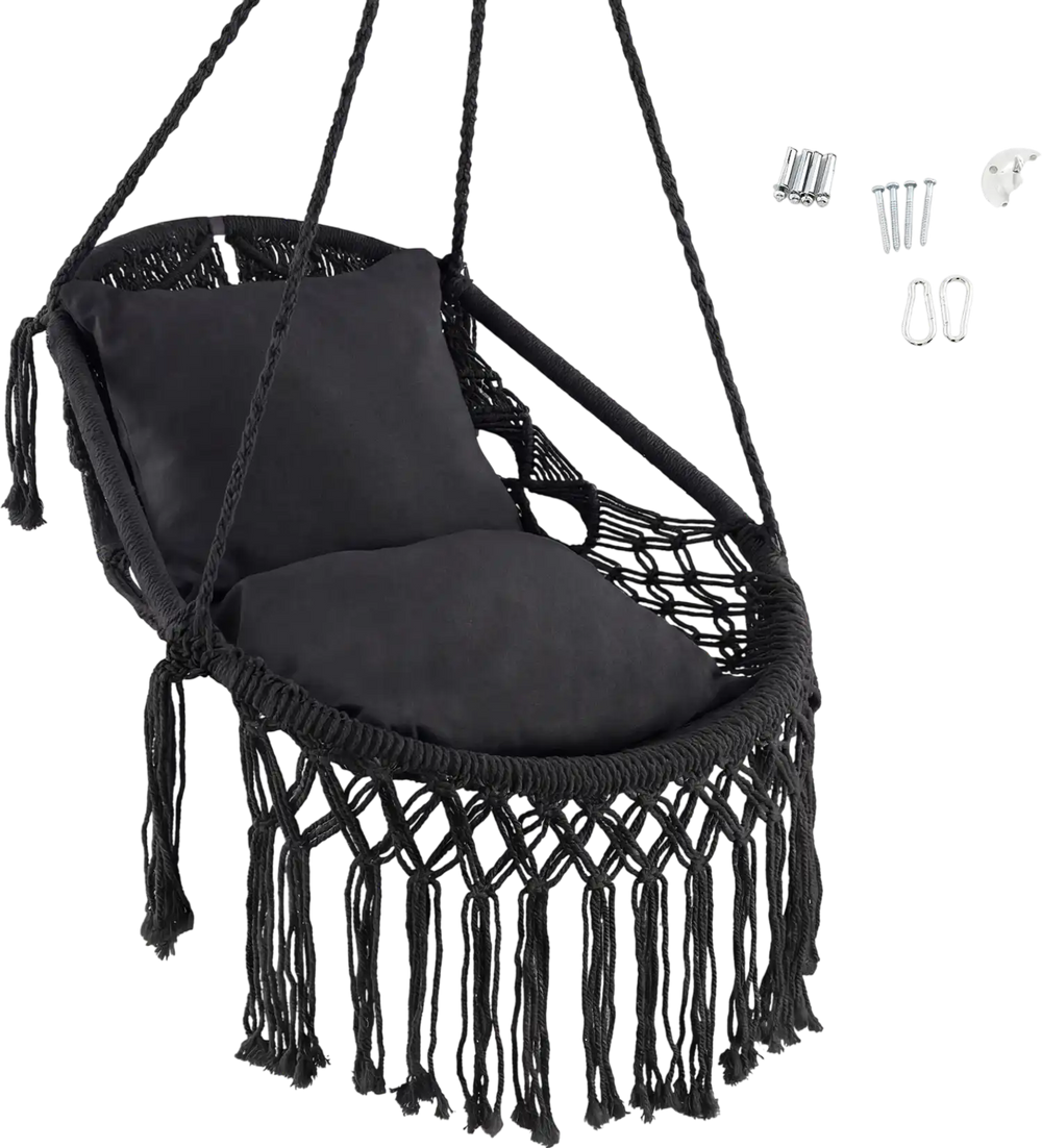 Hanging hammock chair in black with soft cushions, tassels, and sturdy rope chain, ideal for indoor and outdoor use.