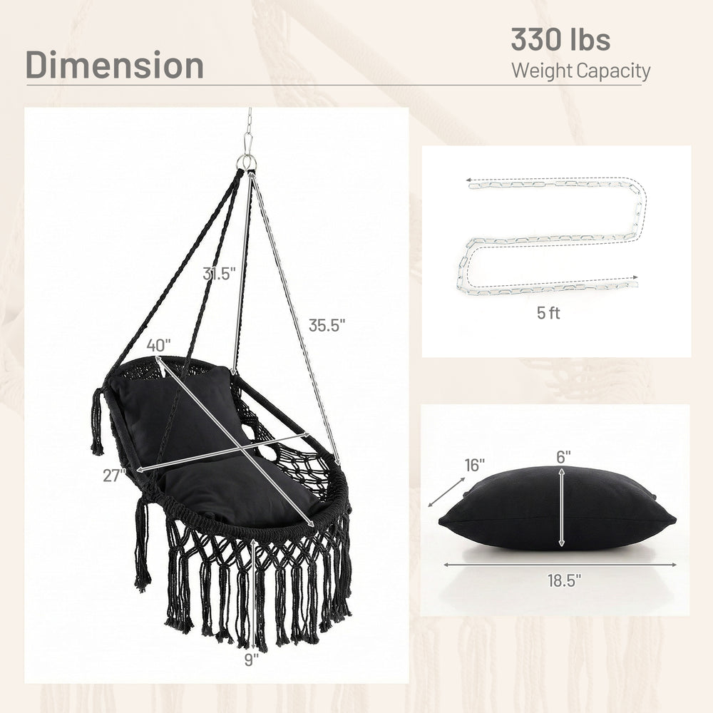 Hanging hammock chair in black with soft cushions, sturdy rope chain, and elegant tassels for indoor and outdoor use.