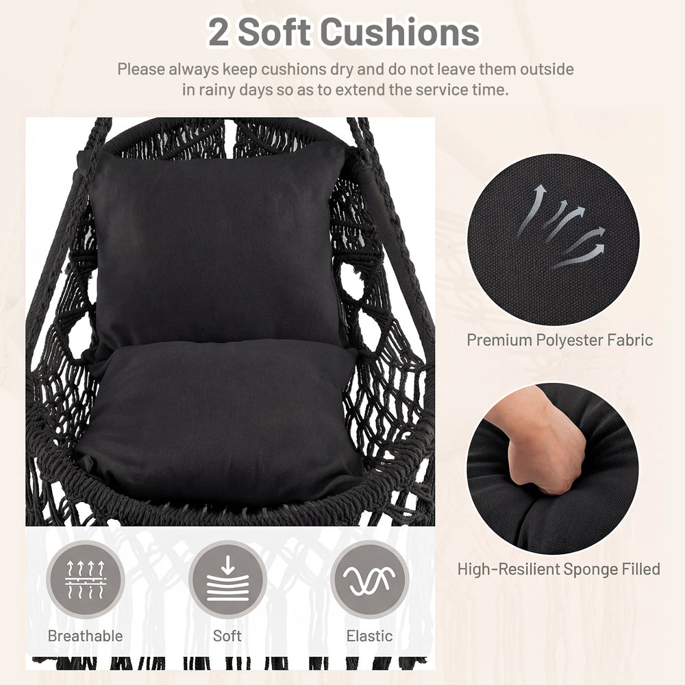 Black hanging hammock chair featuring soft cushions, sturdy rope chain, and elegant tassels for indoor or outdoor use.