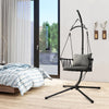 Hanging swing chair with gray cushions and reinforced metal stand, ideal for indoor relaxation and stylish decor.