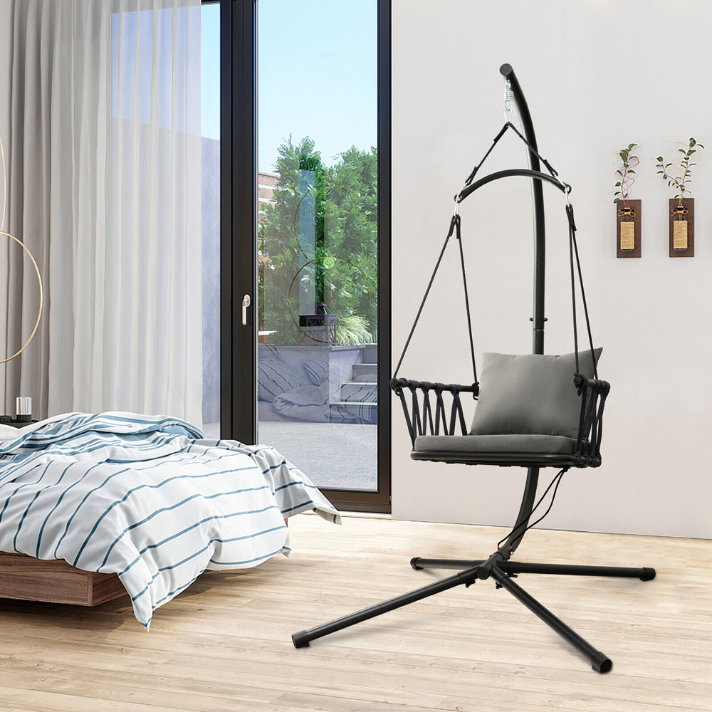 Hanging swing chair with gray cushions and reinforced metal stand, ideal for indoor relaxation and stylish decor.