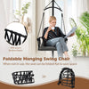 Foldable hanging swing chair with gray cushions and reinforced metal stand, perfect for indoor and outdoor relaxation.