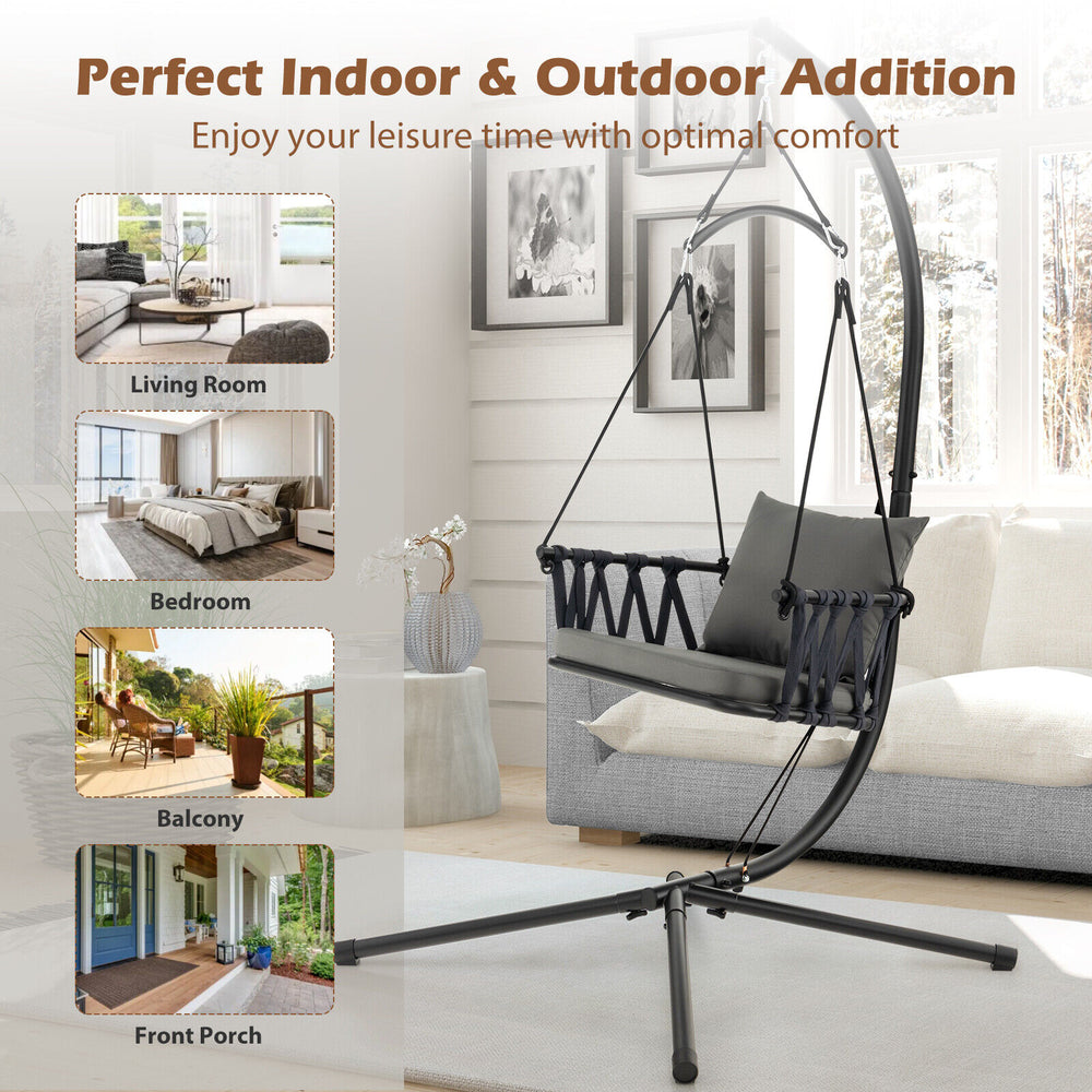 Hanging swing chair with gray cushions and metal stand, ideal for indoor and outdoor relaxation.