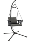 Gray hanging swing chair with reinforced metal stand and soft cushions, perfect for indoor or outdoor relaxation.