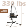 Hanging swing chair with gray cushions and reinforced metal stand, ideal for indoor and outdoor use.