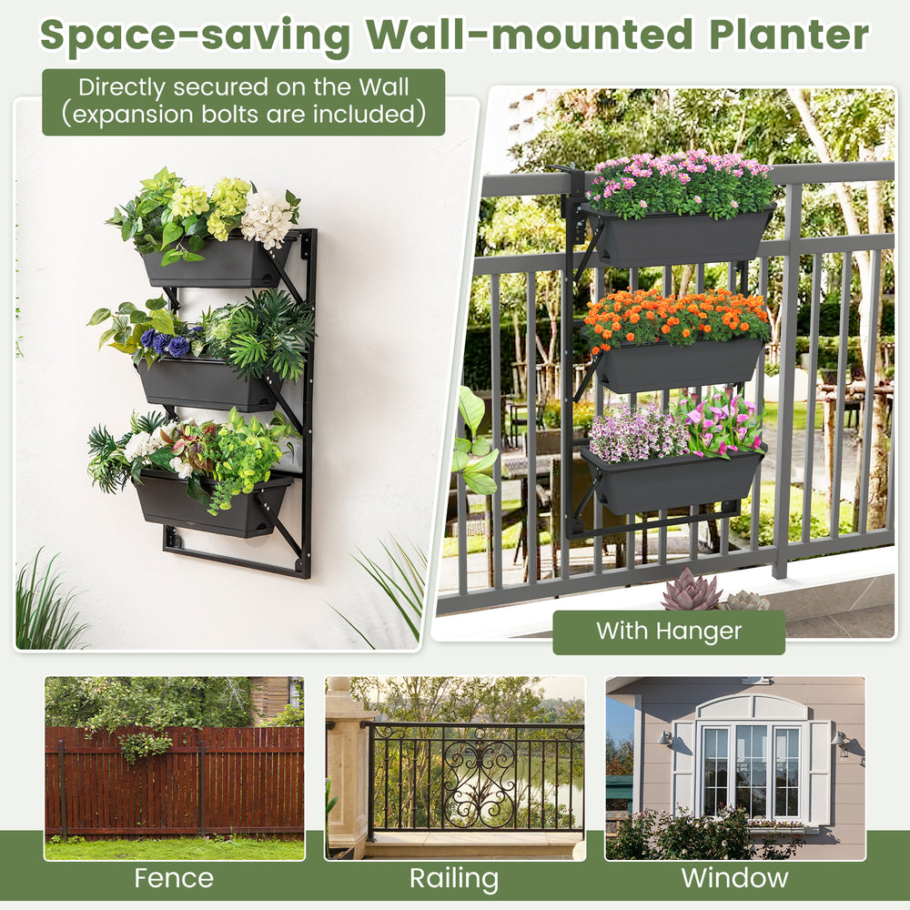 Wall-mounted vertical planter with three detachable boxes, adjustable hanger, and drainage holes for optimal airflow.