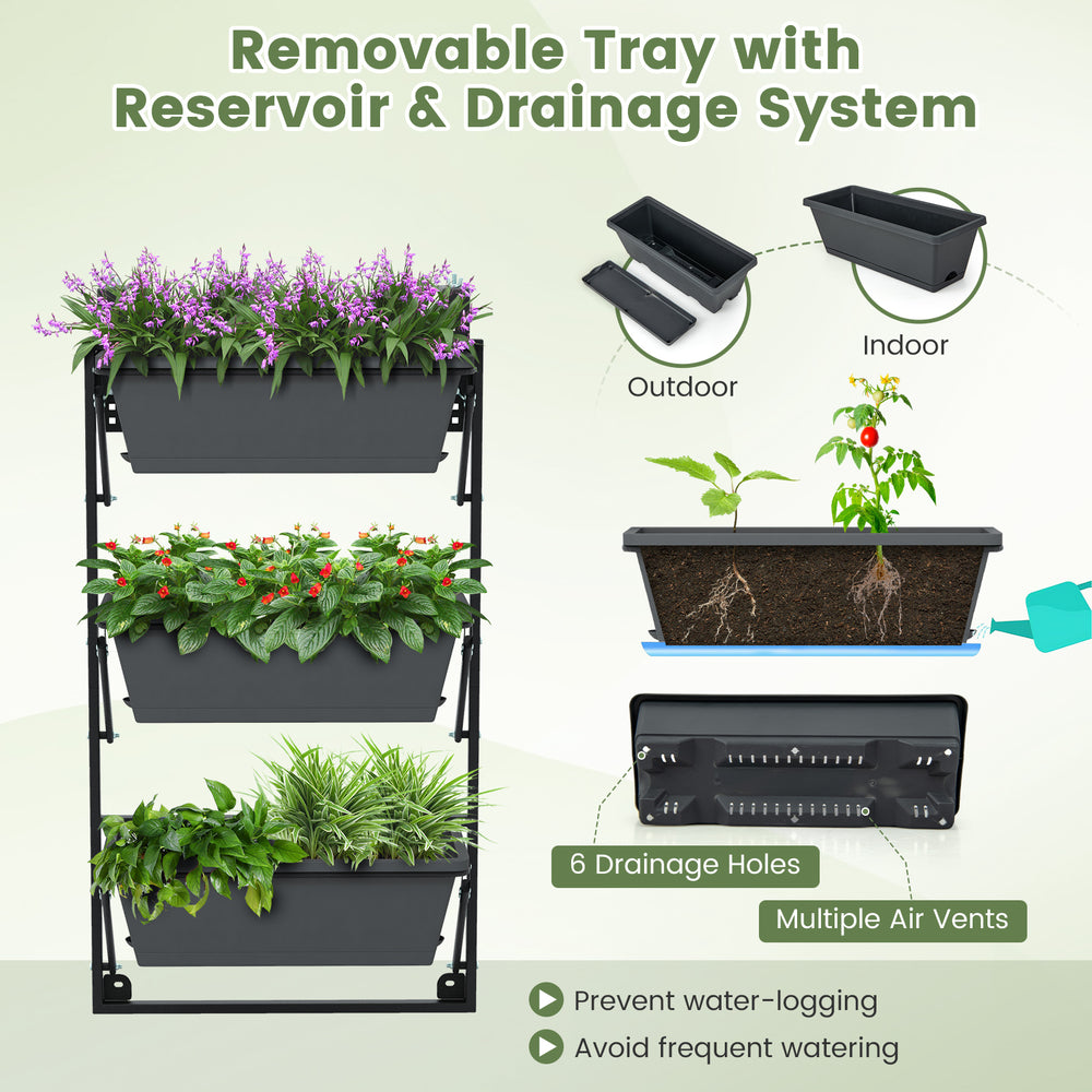 Hanging vertical planter with three detachable boxes, adjustable hooks, and drainage system for indoor or outdoor use.