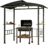 Hardtop grill gazebo with a vented polycarbonate roof and side shelves, ideal for outdoor cooking and ingredient prep.