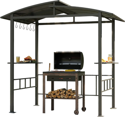 Costway Hardtop Grill Gazebo Vented Polycarbonate Roof Side Shelves Black 486129537 New