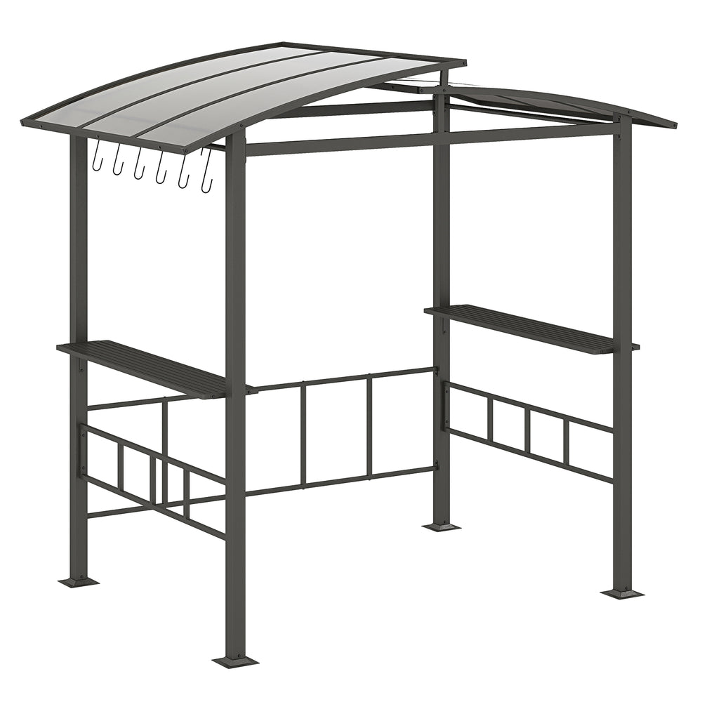 Hardtop grill gazebo with a vented polycarbonate roof and side shelves, designed for outdoor cooking and prep.
