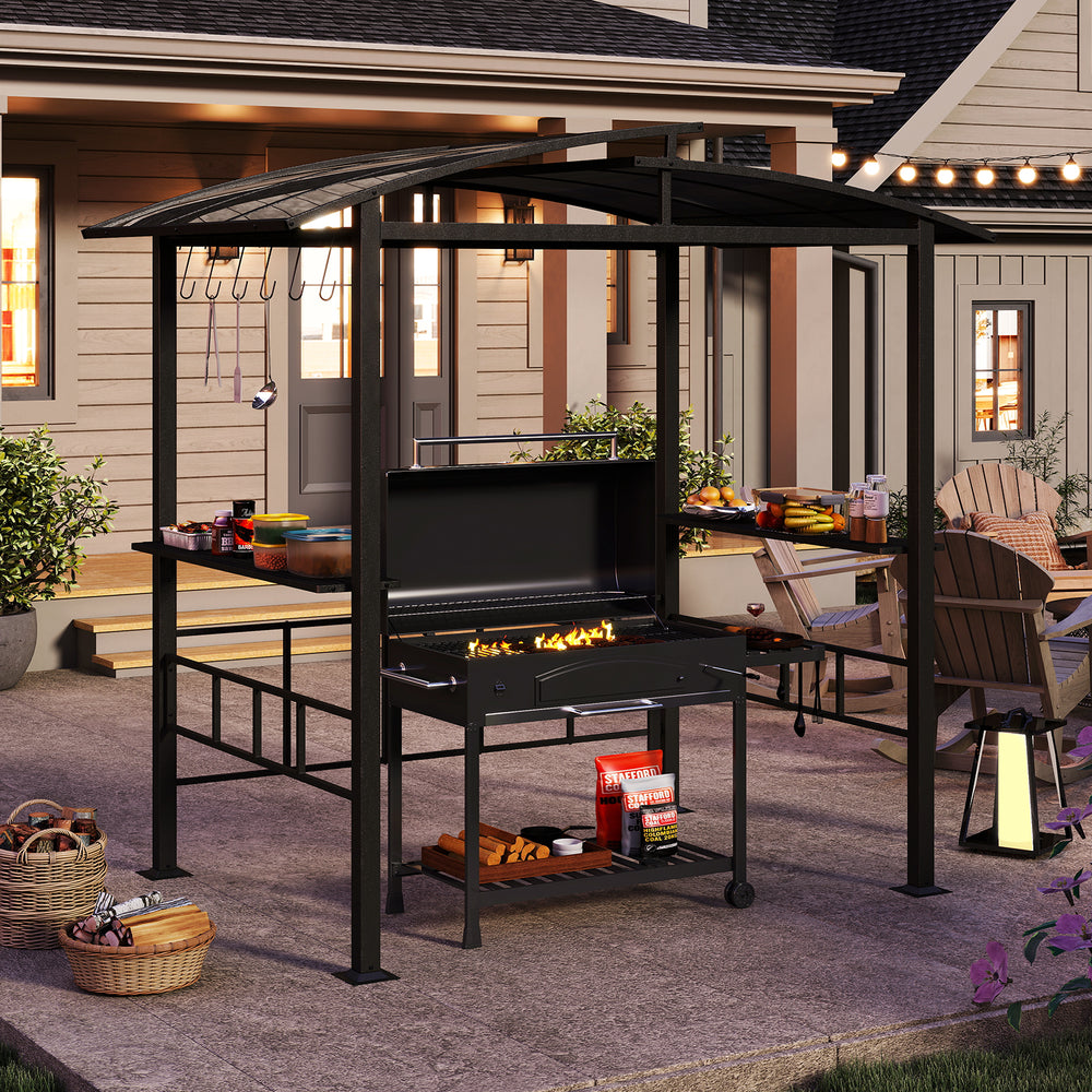Hardtop grill gazebo with vented polycarbonate roof and side shelves, perfect for outdoor cooking and prep.