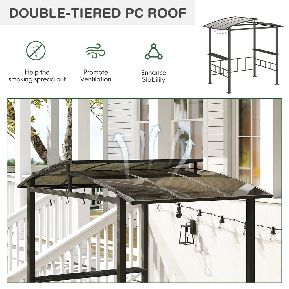 Double-tiered polycarbonate roof of a black hardtop grill gazebo, promoting ventilation and stability for outdoor.
