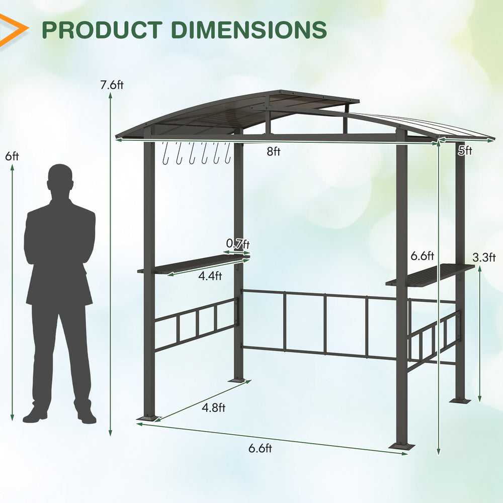 Hardtop grill gazebo dimensions with vented polycarbonate roof, side shelves, and reinforced frame for outdoor cooking.